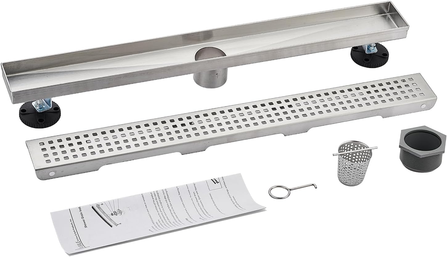 AVSIILE Linear Shower Floor Drain, Brushed Nickel 24 Inch 304 Stainless Steel Bathroom Drains Kit, Long Rectangular Shower Trench Drain with Square Pattern Drain Cover & Hair Catcher